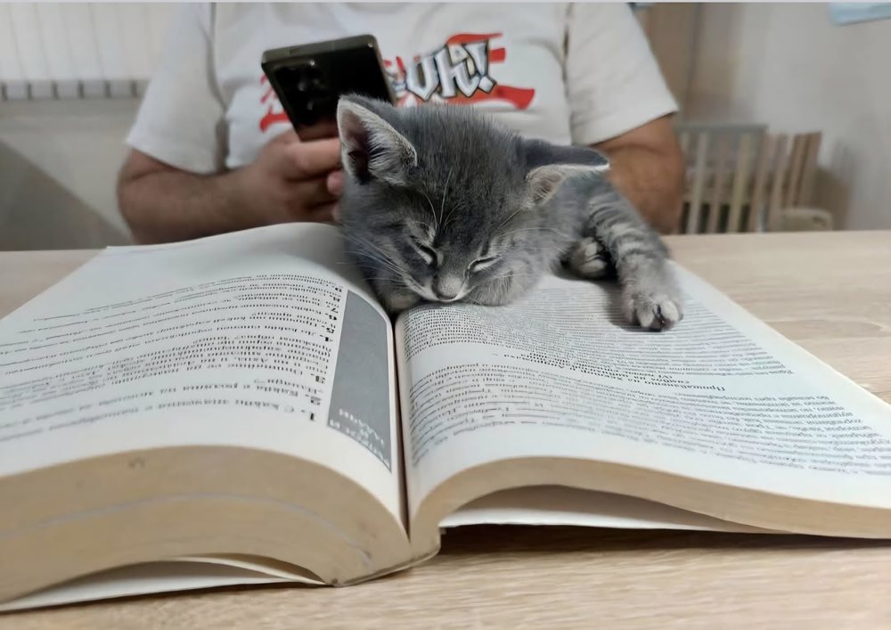 Kitten asleep on an open book in its new home